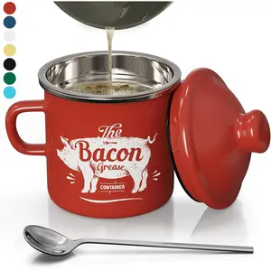 Mini Bacon Grease Container With Strainer, 15OZ Enamel Grease Saver, Dishwasher Safe-Red, Farmhoe Bacon Grease Keeper For Kitchen Fat Storage