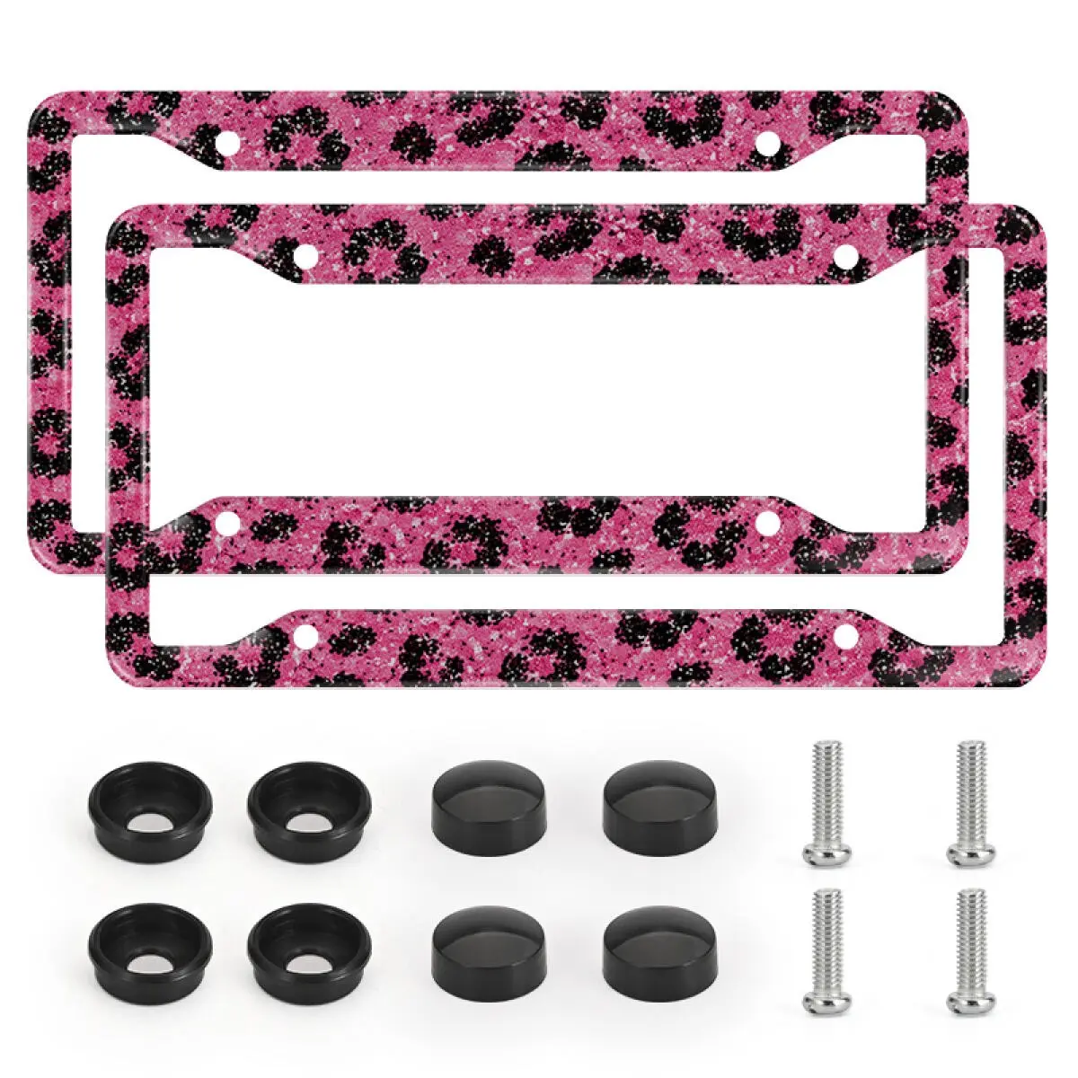 2pcs Black ＆ Pink Leopard Print License Plate Frame, Aluminum Car License Plate Cover with Screw Caps, Sweet & Cool Style License Plate Frame for Girls, Rust-Proof Waterproof Car Tag Frame, Car Accessories for SUV/Truck/Car, Universal for Men/Women/Girls