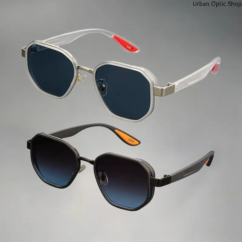 XUH 2-Pack Unisex Vintage Hexagon Double Rim Sunglasses, Thin Metal Trim Flexible Ultra-Light TR90 Frames, UV400 Anti-Glare Solid & Gradient Shaded Lenses, Non-Slip Comfort Temple Tips, Trendy Outdoor Sport Eyewear for Driving, Shore Fishing, Motorcycle R