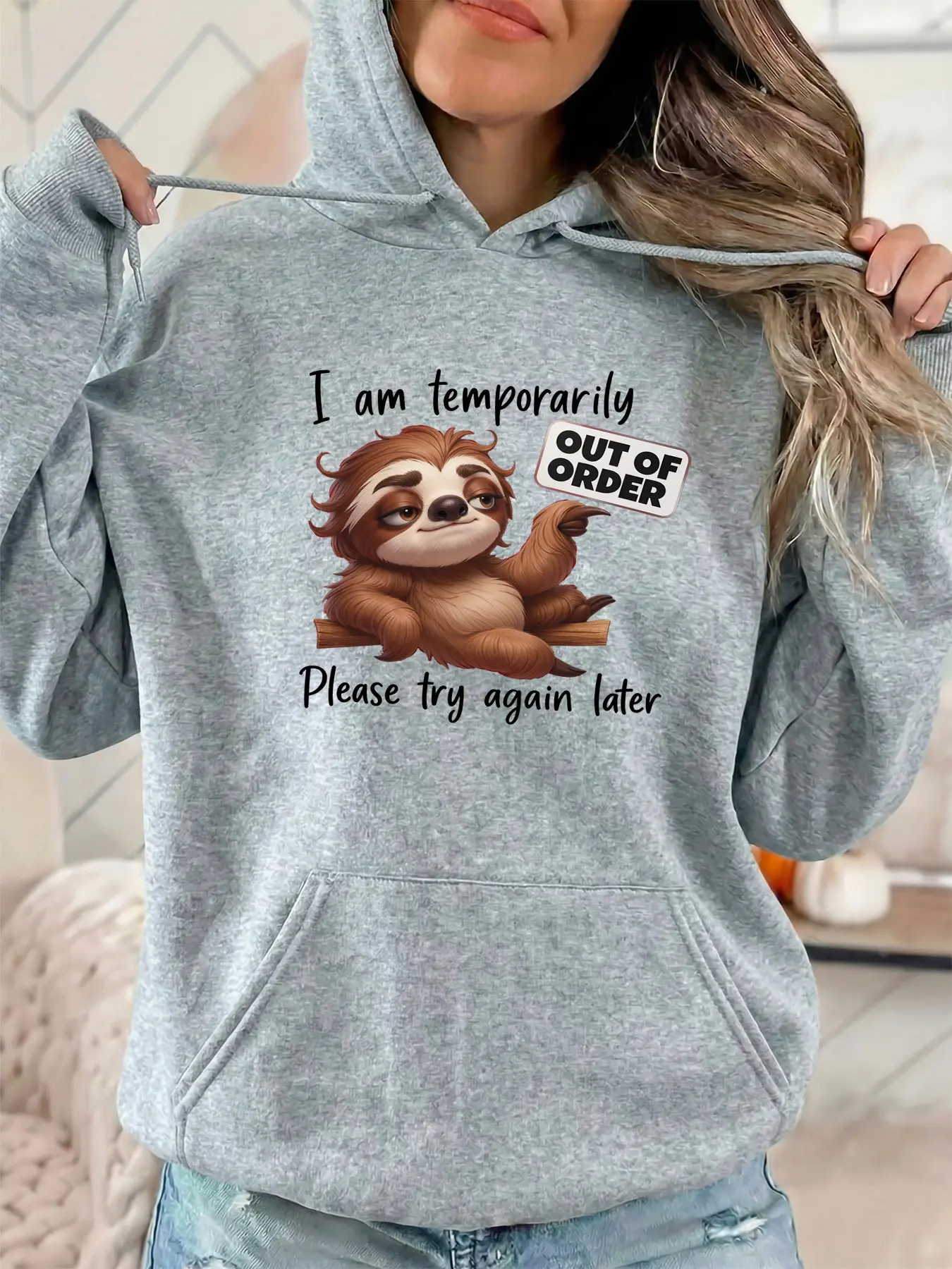 Women's Fashion Hooded Sweatshirt, Letter and Sloth Print, Drawstring Kangaroo Pocket, Fall Winter Casual Sports Top, Perfect for Parties