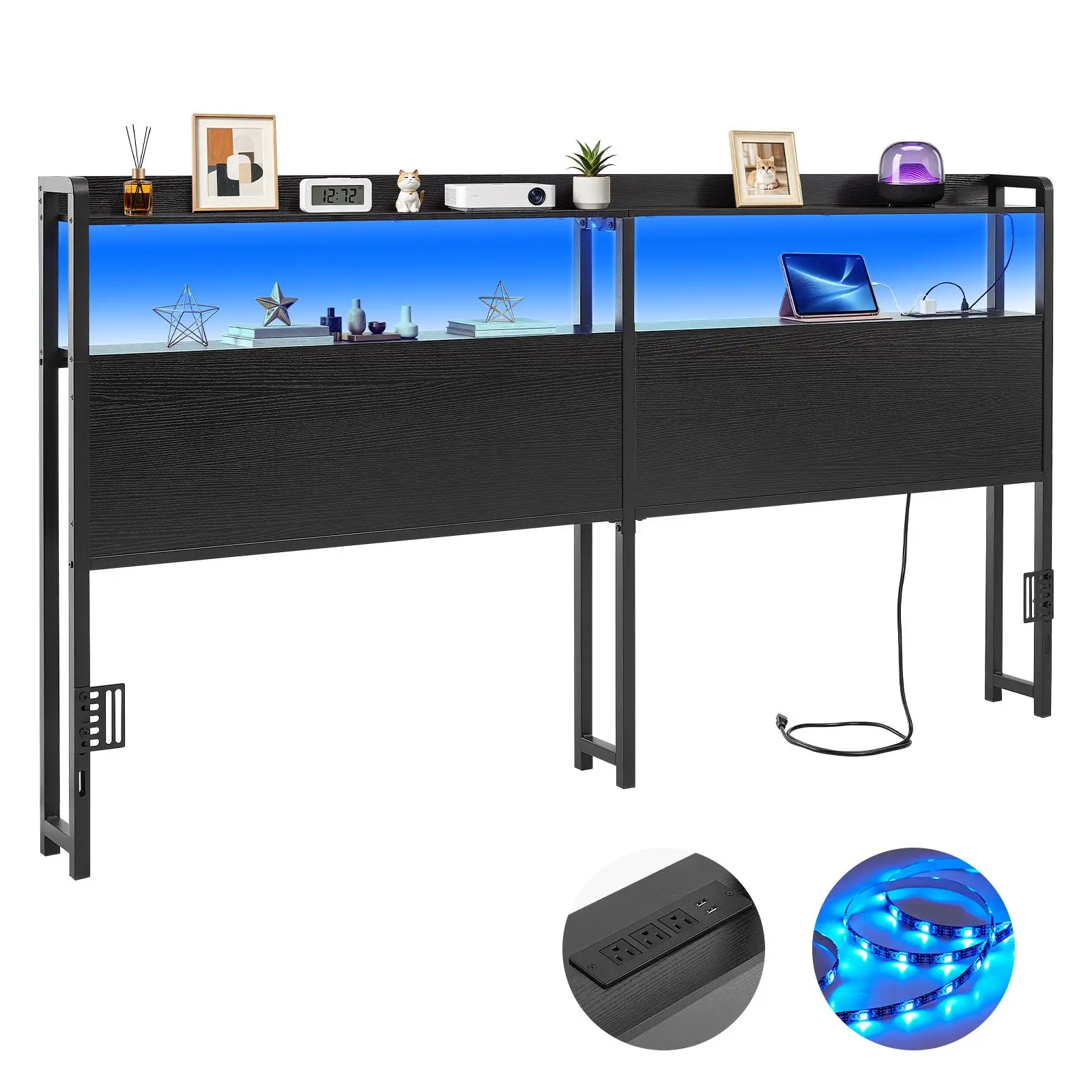 VEVOR Headboard for King Size Bed, with 2 Storage Shelves, LED Light, 3 Outlets, and 3 USB Ports, Sturdy and Stable Carbon Steel Frame Head Board with Charging Station, Adjustable Height, Black