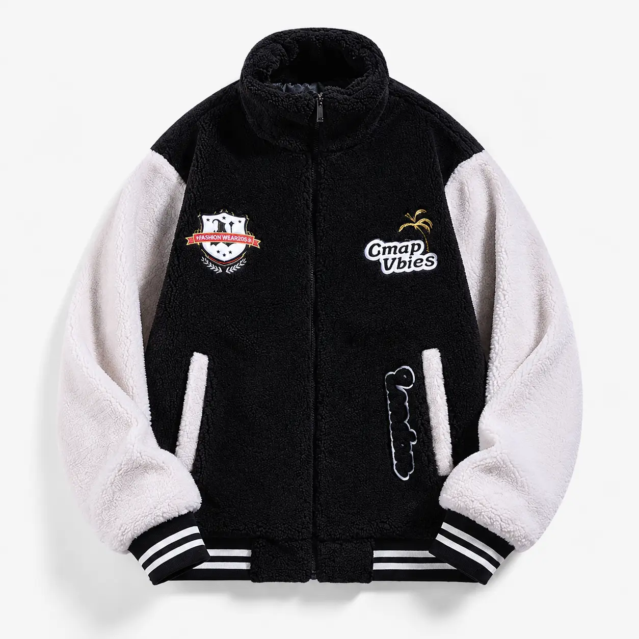 Men’s Black White Sherpa Varsity Jacket, Zip Up Fleece Letterman Coat with Stand Collar, Patch Graphic Details, Contrast Sleeves, Side Pockets, Striped Ribbed Cuffs and Hem for Fall Winter Streetwear Outfits