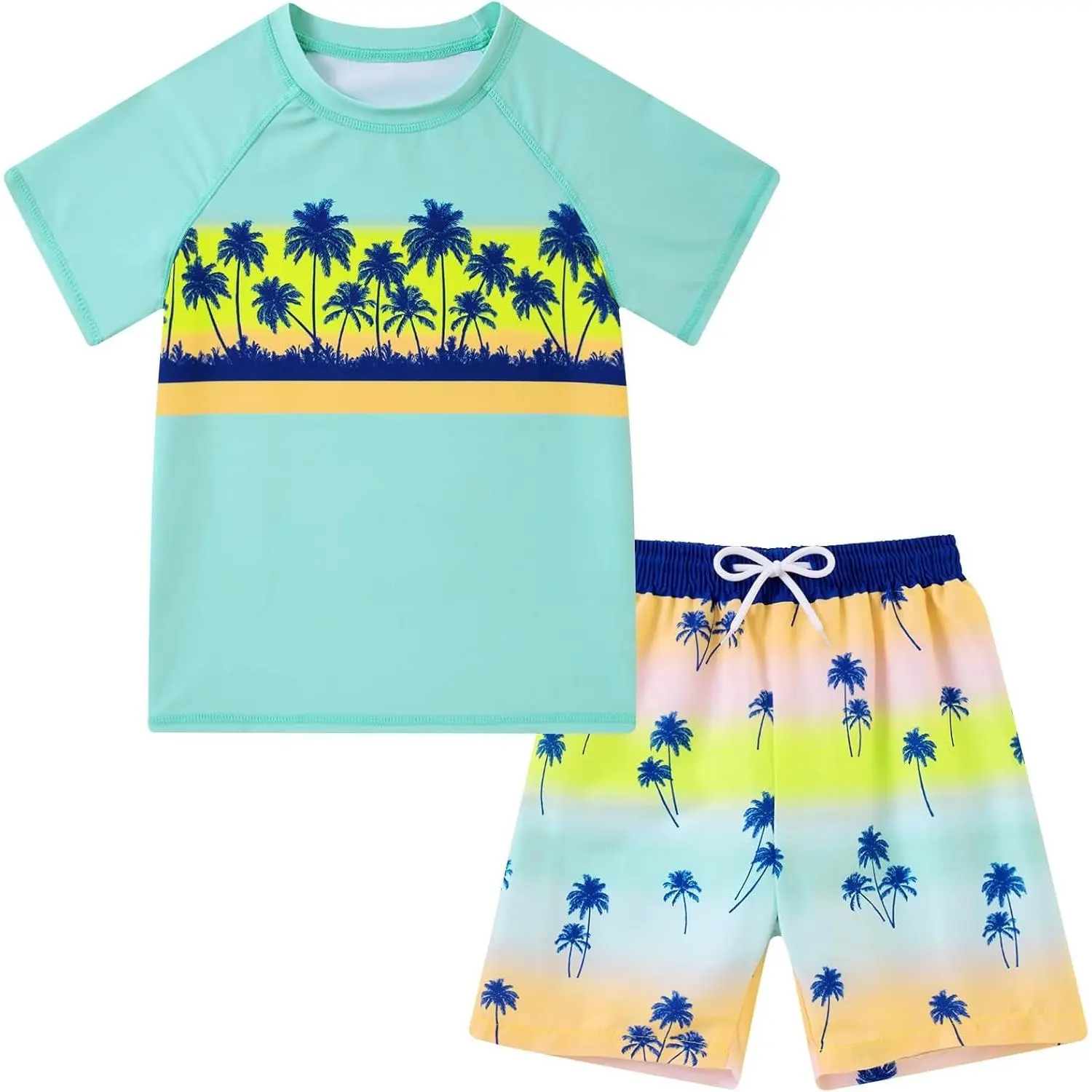Boys' Short Sleeve Rash Guard Swimsuit Set with Swim Trunks for Ages 4-14 Years(Gift)