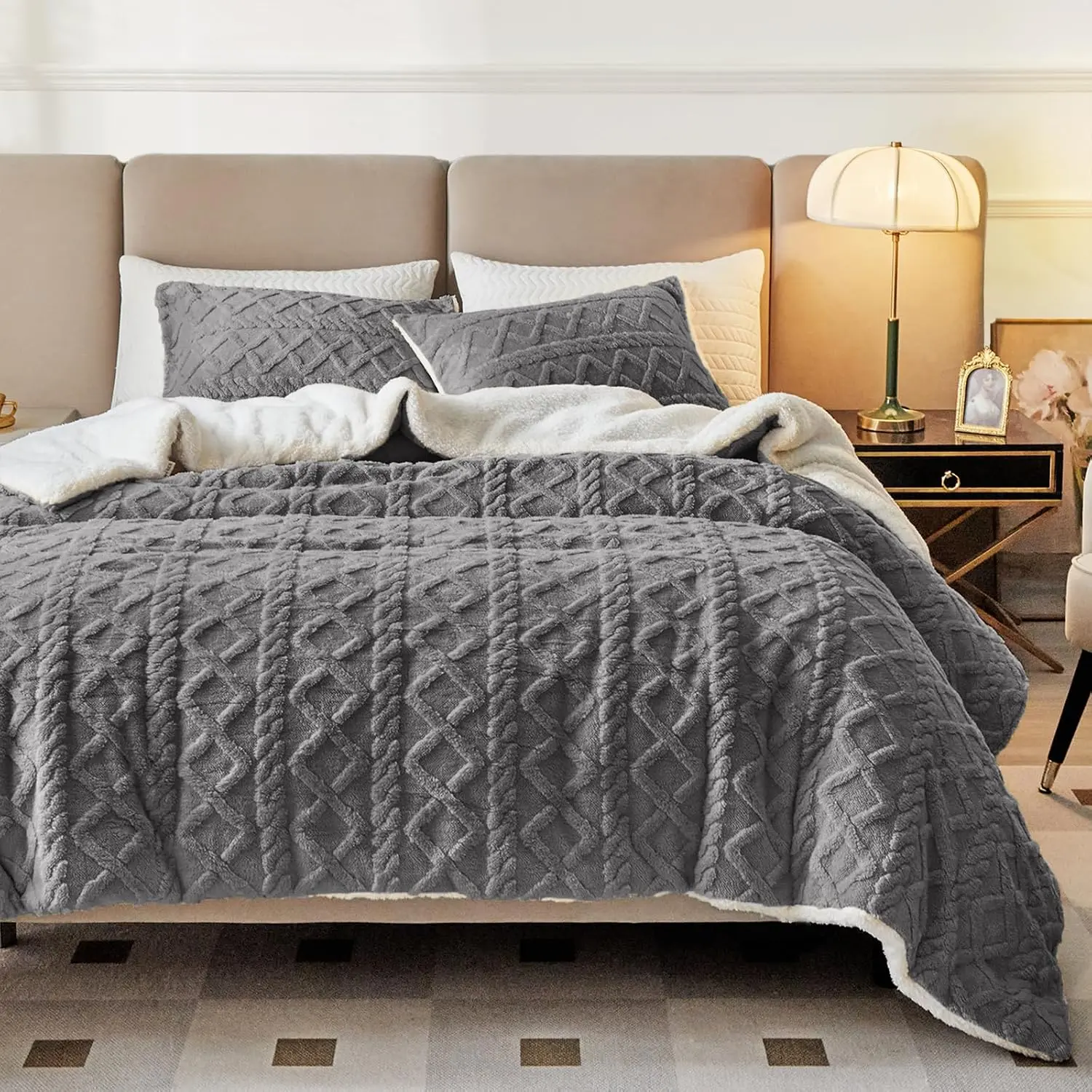 3-  Faux  Sherpa Comforter Set Gray,  Size Luxury Tufted Bedding Comforter Set,   Soft n Cozy Plush Comforter Bed Set- 88x88 inches