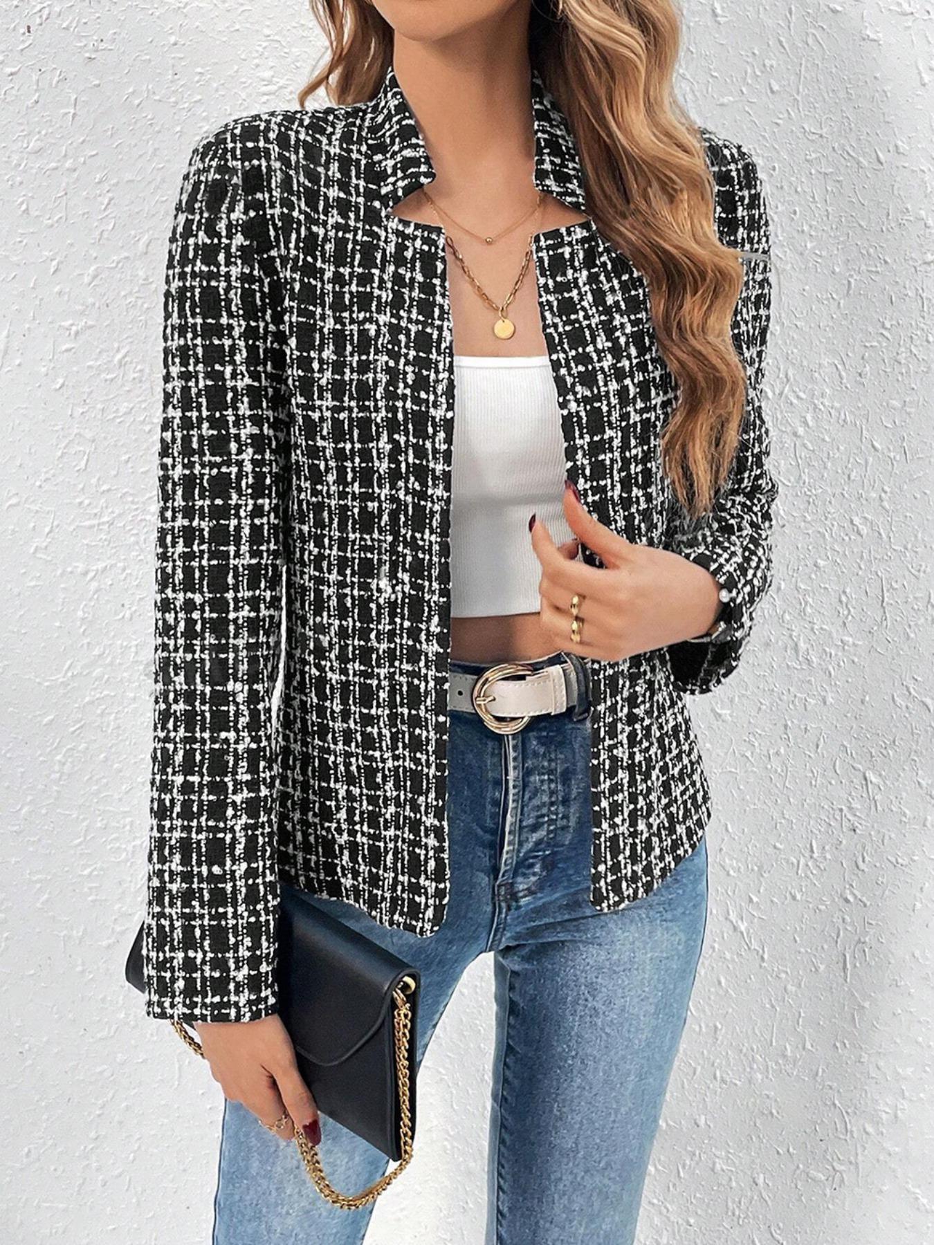 Women's Fitted Long Sleeve Classic Gingham Blazer Jacket, Elegant Chic Short Office Outerwear, Spring & Fall Fashion, Stylish Business Casual Coat