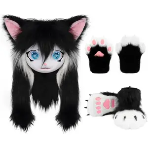 Cat Paw Mittens Gloves Furry Shoes Fursuit Animal Head Mask Halloween Masquerade Costume Accessories Set
