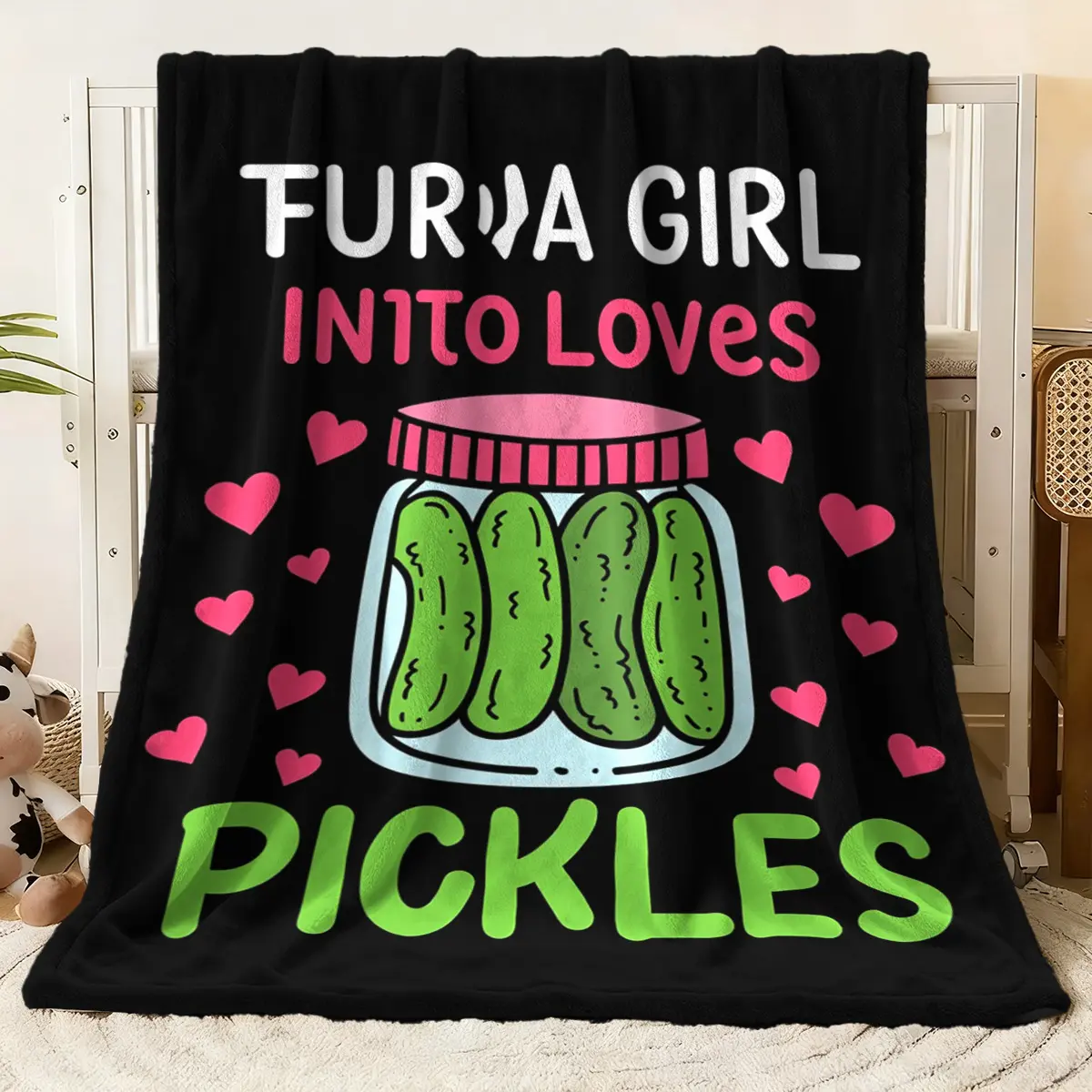 Furja Girl Loves Pickles Printed Blanket - Adorable Pickle Jar & Pink Hearts Design Soft Throw Blanket, Perfect Cozy Gift for Pickle Enthusiasts, Ideal for Bedroom & Living Room Decor