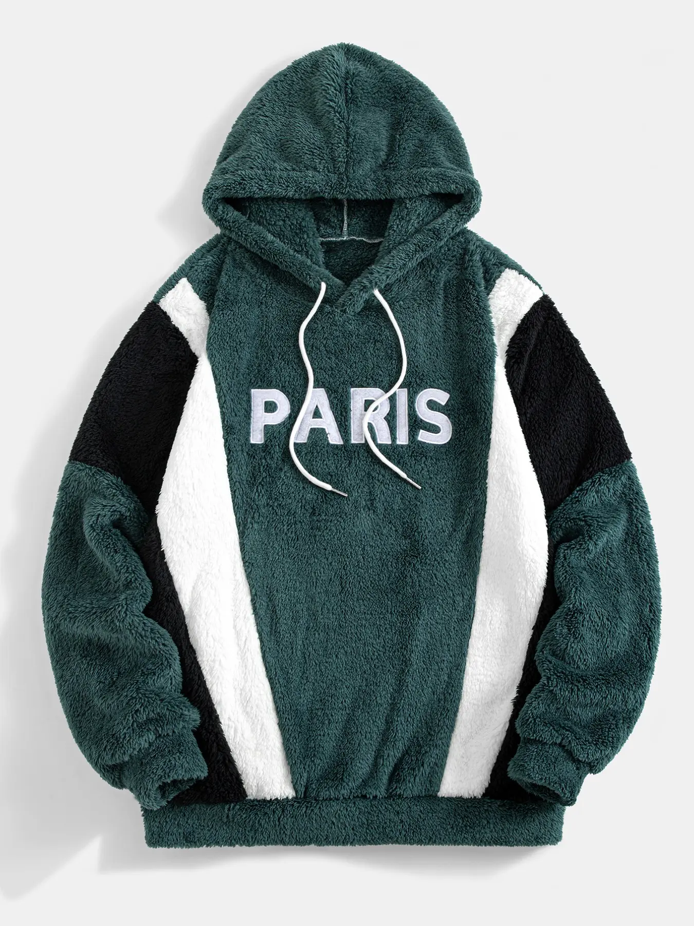 Winter Men's Fluffy Fleece Hoodie, Color-Block Stitching, Paris Letter Embroidery, Warm Plush Pullover, Daily Jogging, Street