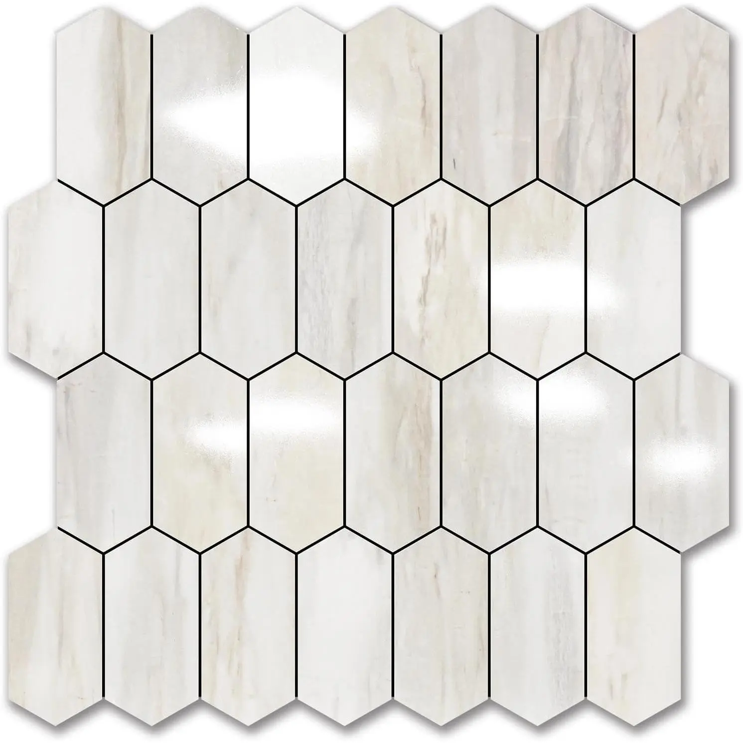 Long Hexagon Peel and Stick Backsplash  - 1 Sheet Stick  Backsplash for Kitchen and Bathroom 12.4 x 12 Inch Glossy  Grain PVC Self Adhesive Mosaic Wall s