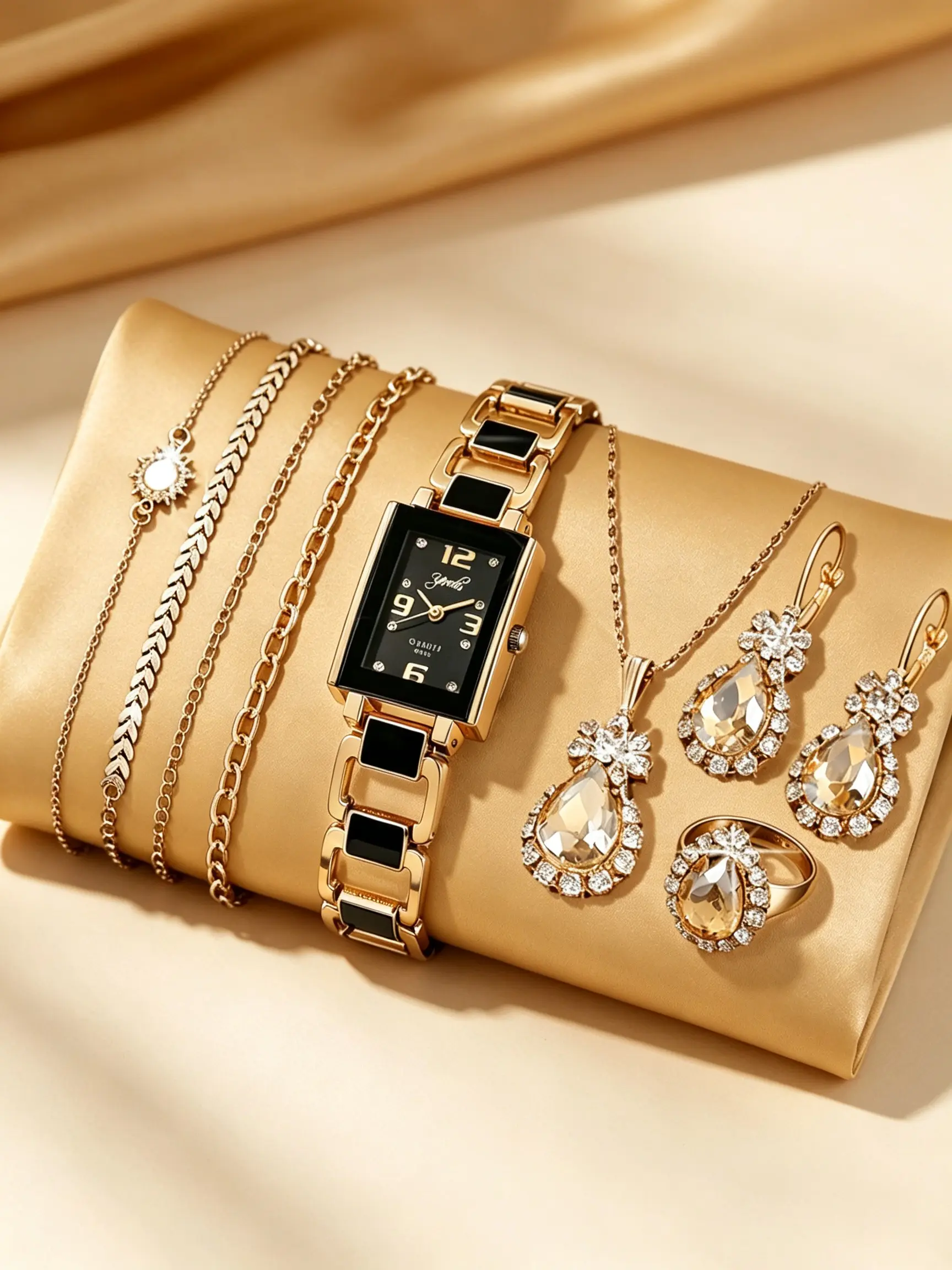 Women's Square Dial Watch Set, Jewelry Sets, Bracelet Watch + Water Drop Jewelry + 4 Fashionable Bracelets, Casual All-Season Accessory