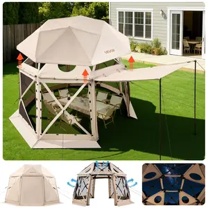 【DealsForYouDays】VEVOR Pop up Gazebo Screen Tent, 12 x 12 ft, 13-Sided Spherical Camping Canopy Tent with Removable Top & Carry Bag, Quick-Set & Bite-Proof, Screen House Sun Shelter for 8-10 Persons, Beige