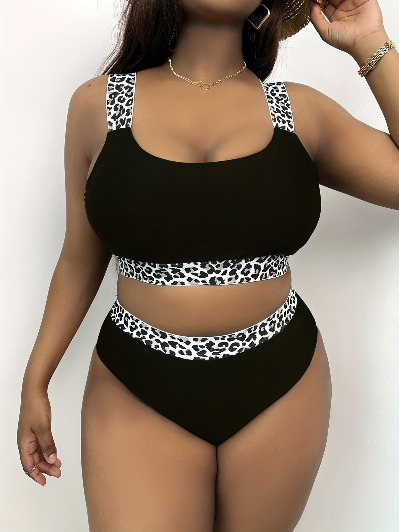 Plus Leopard Patchwork Print Tape Waist Swimsuit, Summer Clothes Women, Women's Casual Comfy Breathable High Stretch Swimwear for Summer, Swim Tankini Tops, High Rise Swimwear