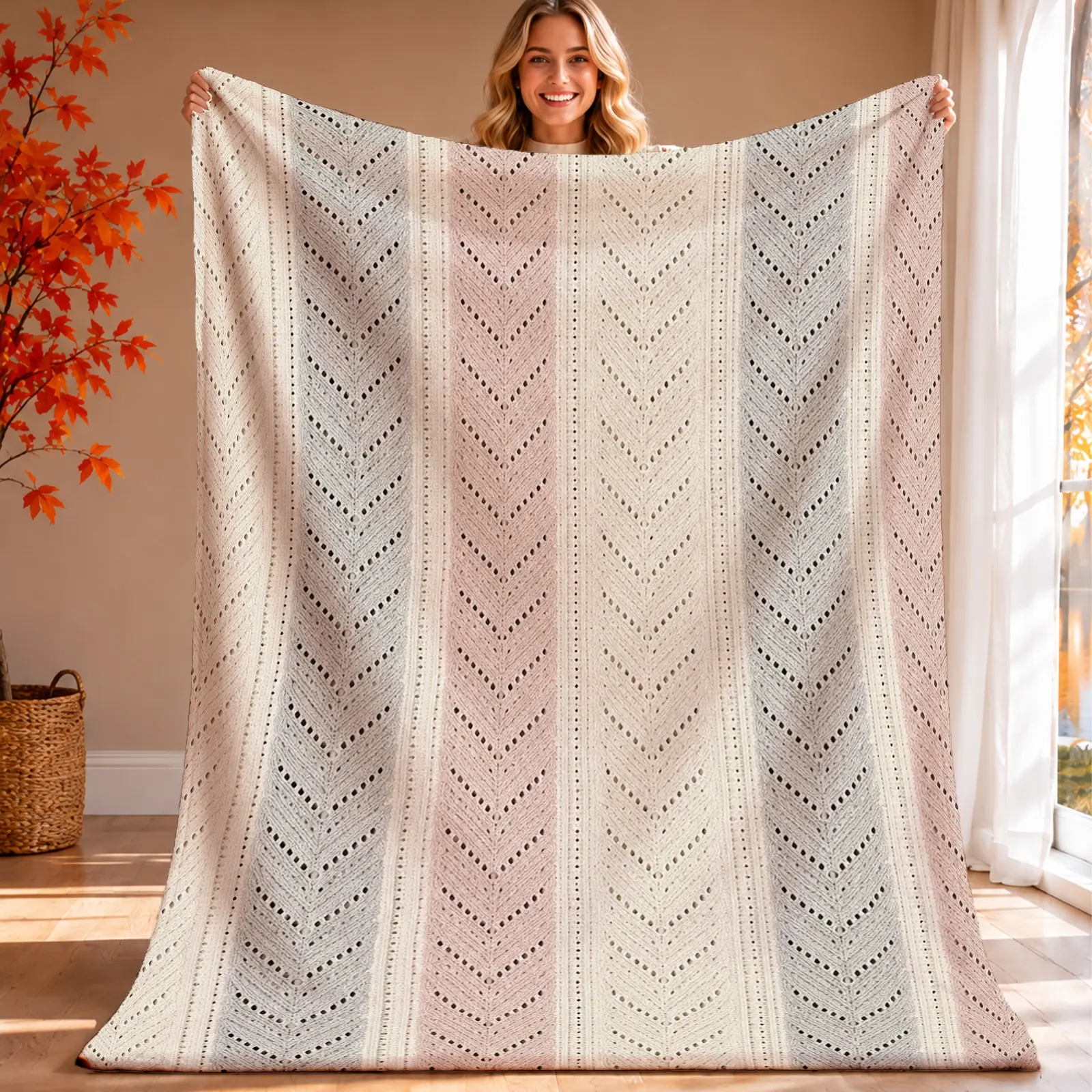 1pc Herringbone Pattern Blanket, Soft Earth-Toned Aesthetic, Elegant Chevron Design with Subtle Texture, for Couch Living Room Bedroom and Cozy Home Decor