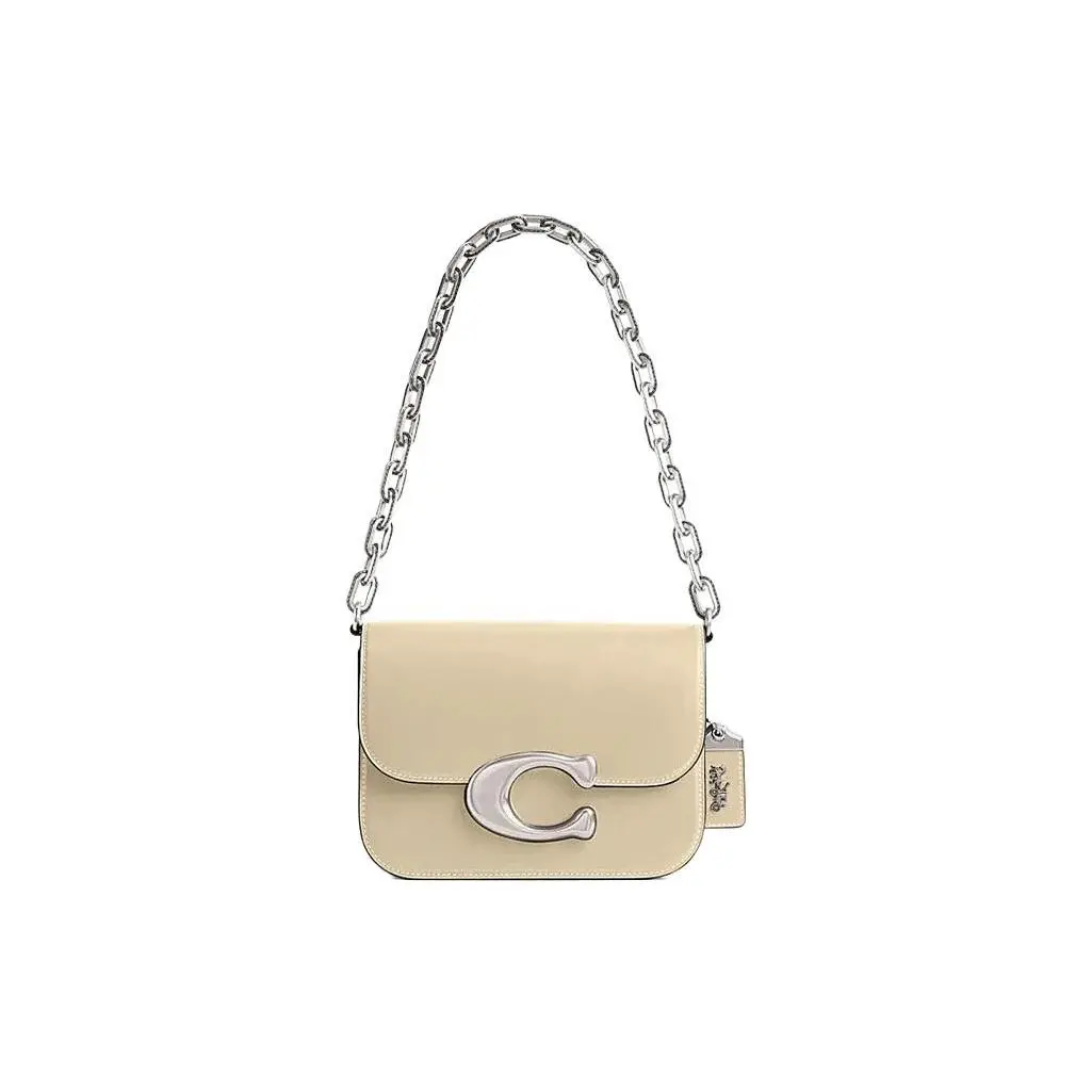 COACH Idol 21 Crossbody Bag for Women – Silver Logo Chain Magnetic Flap Closure in Beige Leather