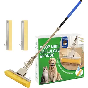 Cellulose Sponge Mop with 2  Heads,4-Color Handle for Zoned Cleaning, Super Absorbent Pop Up Roller Mop for Hardwood,Laminate Floors, Heavy Duty Floor  (Blue)