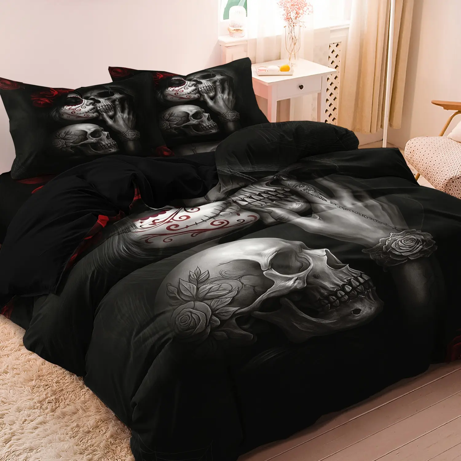 3Pcs Gothic Sugar Skull Red Rose Print Duvet Cover Set, Skull Print Bedding Set, Bed Covers, For Family Bedrooms Dormitories Hotels (1 Duvet Cover + 2 Pillowcases No Comforter No Pillow)
