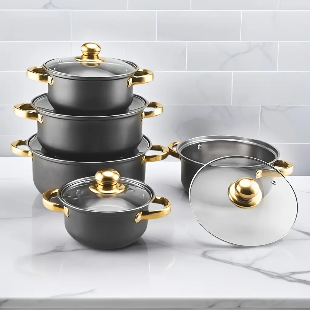 5-Piece stainless steel cookware set with lid - stainless steel cookware, suitable for gas/induction cooker, Induction Compatible Cookware, stable stacking design, Stackable cookware, a must for home kitchens - soup pots, milk pots, sauce pots, etc