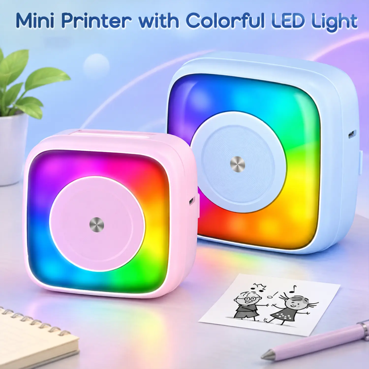 Portable Mini Thermal Printer (with RGB LED Lights), Wireless Mini Inkless Printer—Suitable for Printing Notes, Stickers, and Memos