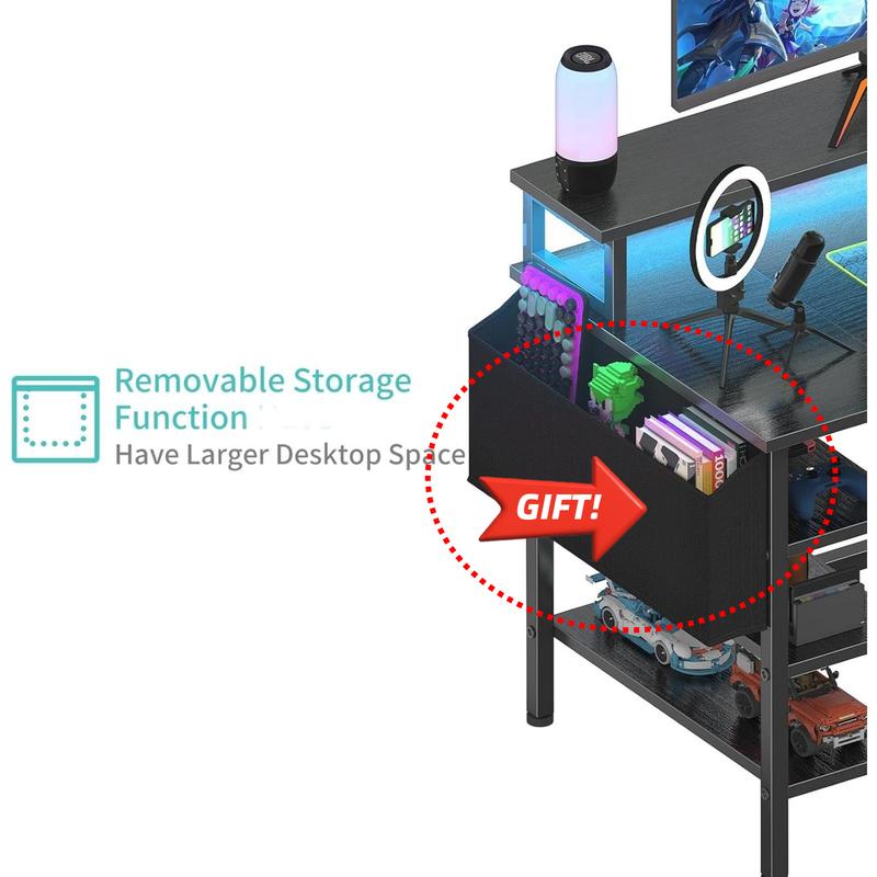 Lufeiya Gaming Desk with LED Lights and Storage Shelves, 47 inch Computer Desk with Power Outlets, Home Office Desk with Monitor Stand, Writing Table PC Desks, Black, Get Free Gift