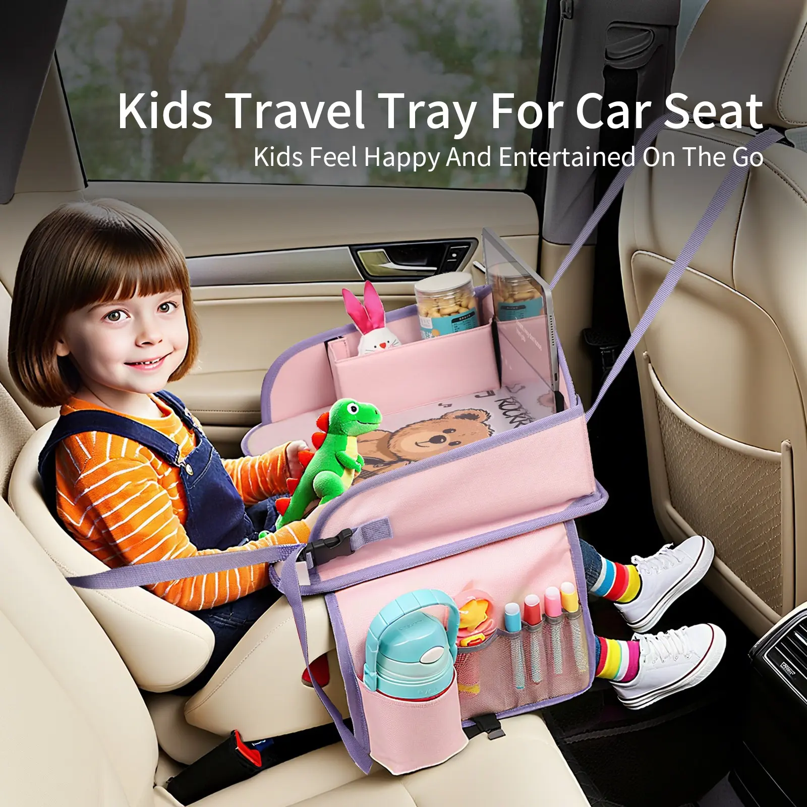 Car Seat Tray with Drawing Board and Compartments, Portable Kids Art Pad for Ages 3-8, Convenient Travel Accessory, Single Piece Design