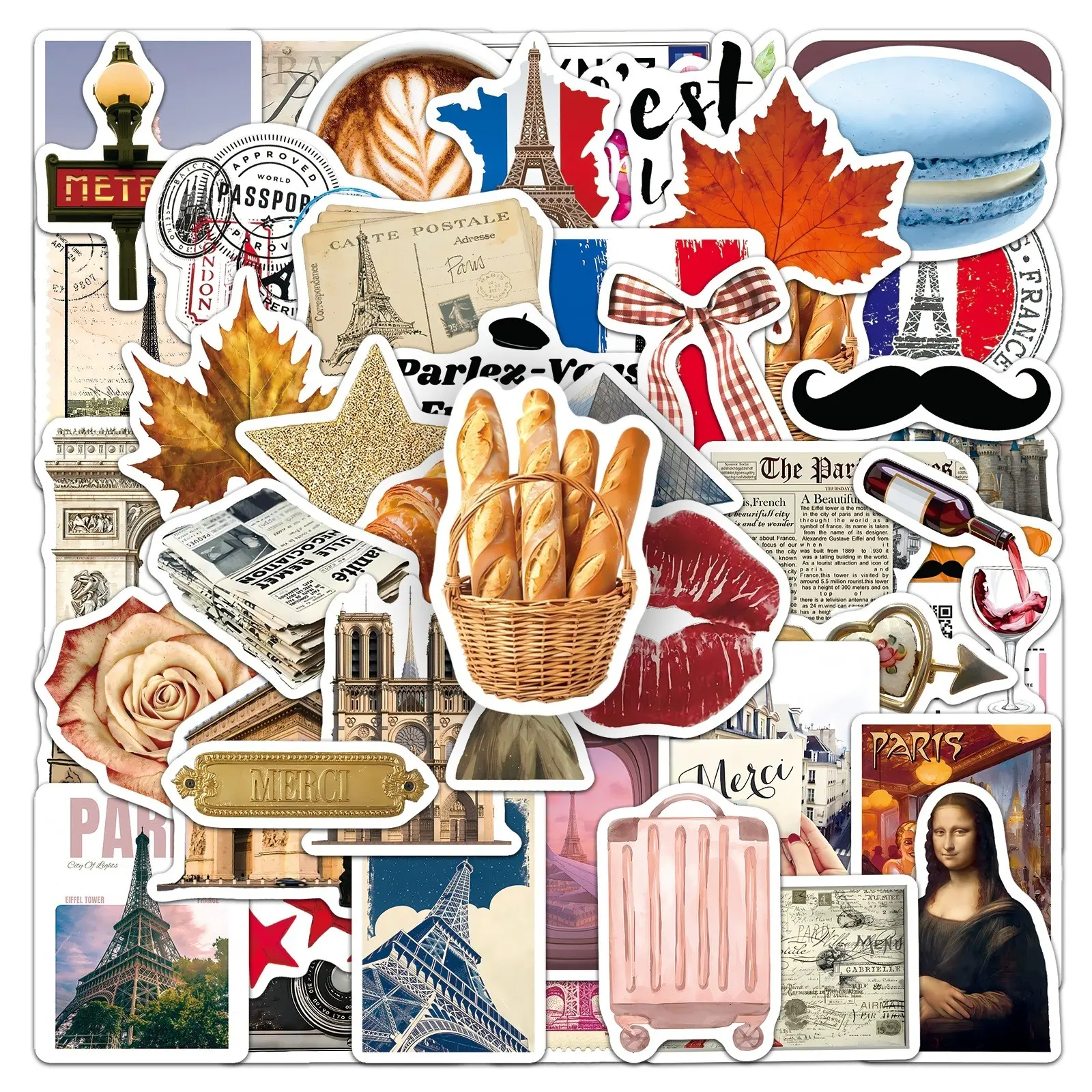 50Pcs French Travel Journal Stickers, National Landmarks, Waterproof Outdoor Scenery, Notebook Stickers, France Tourist Souvenirs