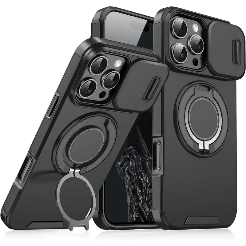 MagSafe Magnetic Wireless Shockproof Armor Phone Case for iPhone 17 Pro Max,16E,16 Plus,16,15,14,13,12,11 Pro Max - 360° Ring Stand, Slide Camera Lens Shield, Landscape-Ready Protective Mobile Accessories,back to school,back to school haul