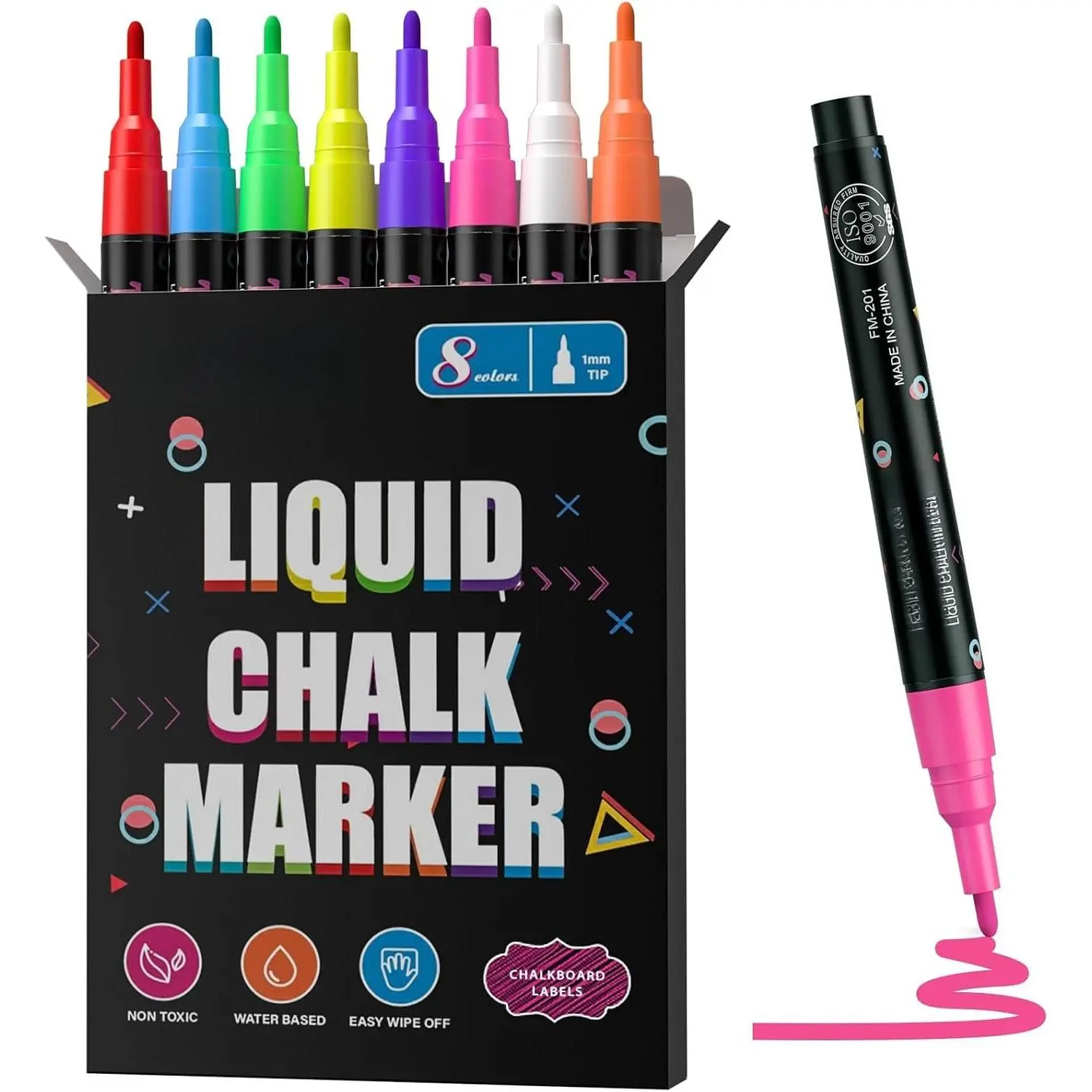 Extra Fine Tip Chalk Markers Fine Tip Set (8 Pack, 1mm Point) - Neon Colors Liquid Chalk Pens with Erasable Ink, Dry Erase for Blackboard, Windows, Bistro Signs, Includes Chalkboard Labels