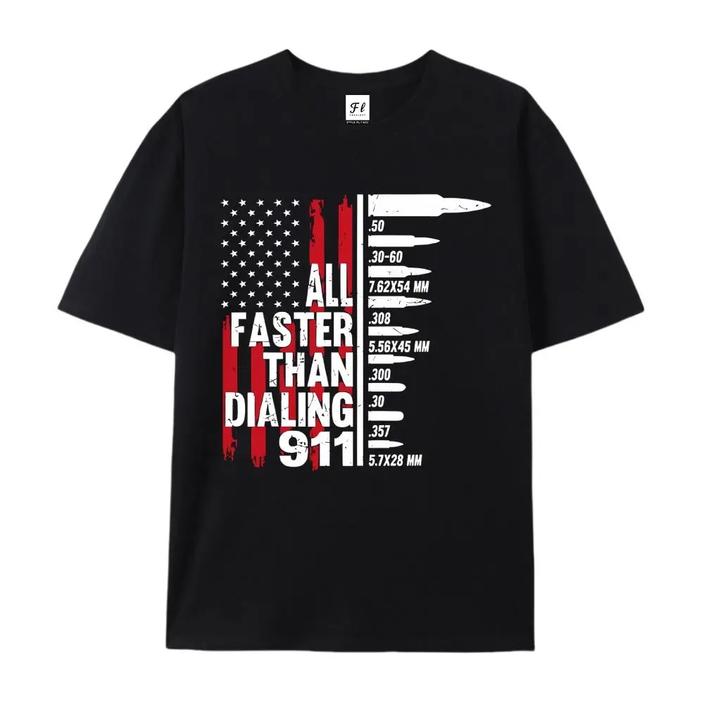 "All Faster Than Dialing 911" American Flag Ammo Chart Cotton T-Shirt, Patriotic Pro-2A Graphic Tee, Comfort Casual Outfit, Perfect Gift For Gun Enthusiasts & 2nd Amendment Fans, Ideal Everyday Outfit