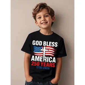God Bless America 1776 2026 250 Years Christian Cross Flag Novelty Awesome Graphic Kid T-Shirt Popular Kid T Shirts Streetwear Tees Tops for Kid