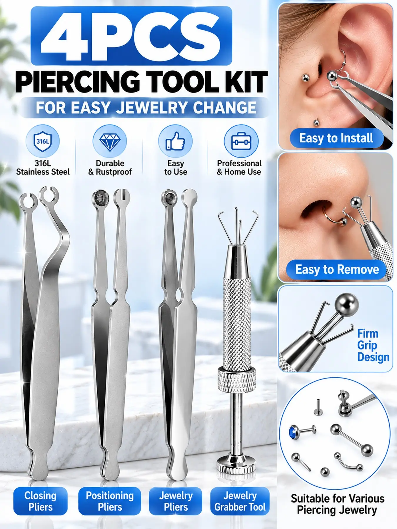 4pcs Piercing Jewelry Tool Kit, Durable Stainless Steel Closing & Positioning Pliers, Ball Grabber, Tools for Nose, Ear & Belly Rings