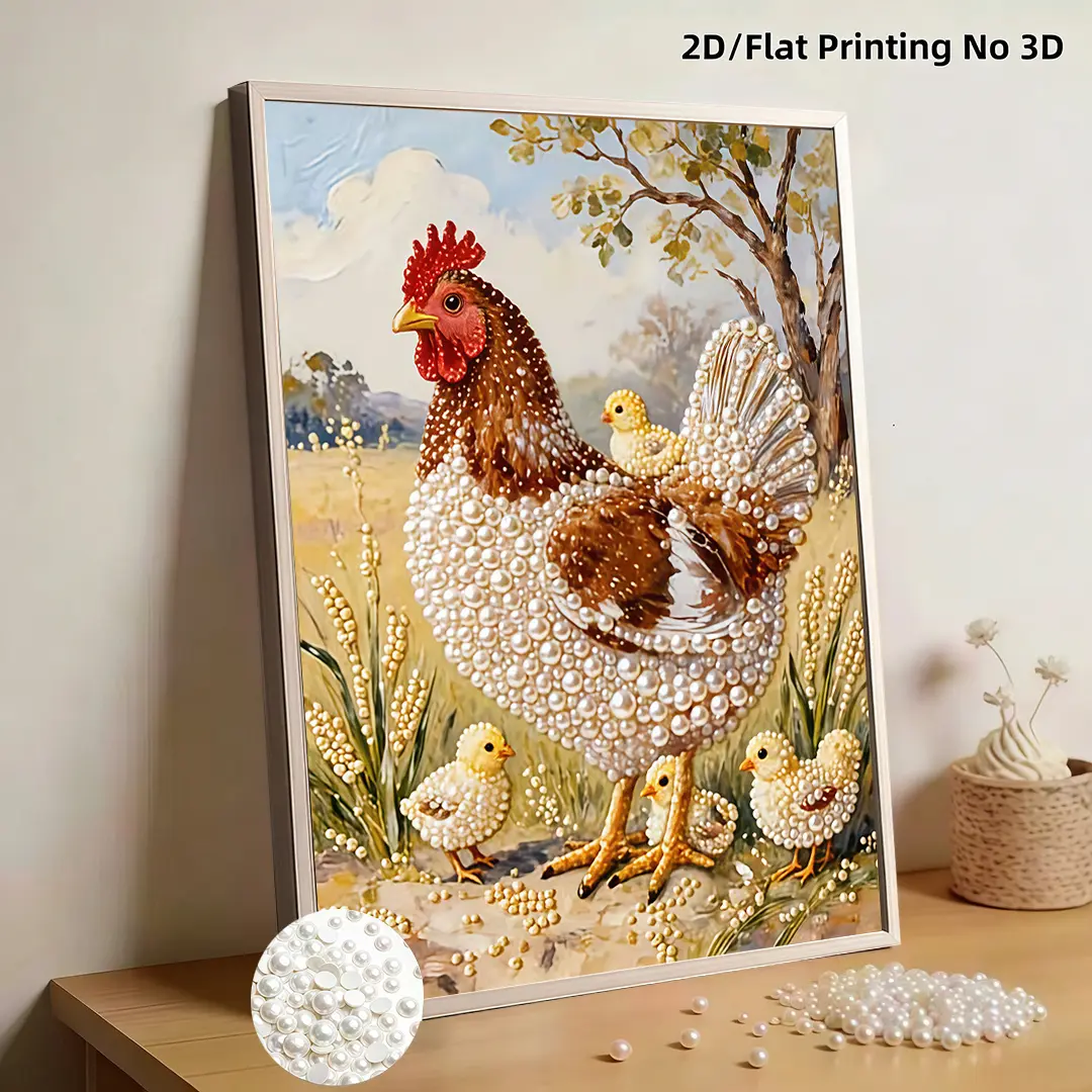 5D DIY pearl painting, hen and chicks pastoral wall art, shiny round pearl craft, frameless home decor, stress relief DIY kit, holiday handmade gift, multi-color decorative pearl artwork