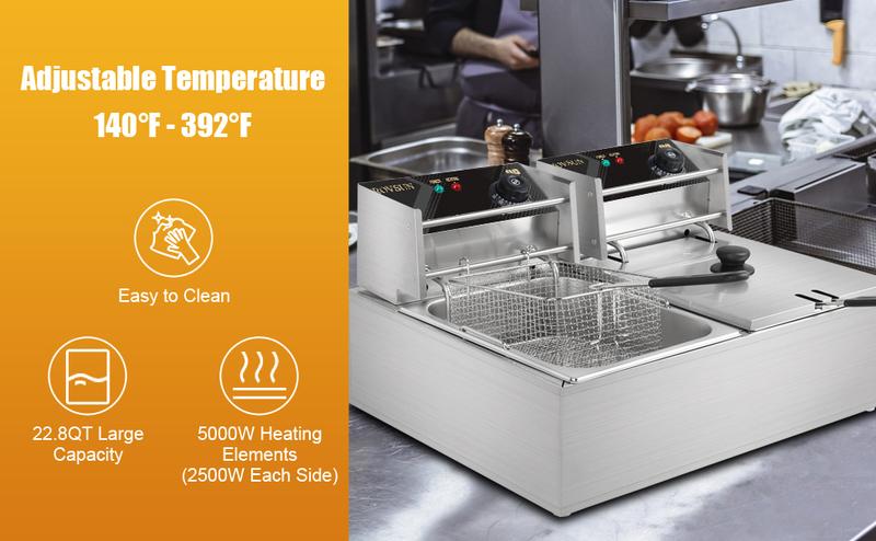 ROVSUN 22.8QT Electric Deep Fryer w/ 2 Baskets & Lids, 21.8L Stainless Steel Commercial Double Fryer, Countertop Kitchen Frying Machine w/Temperature Control, French Fries Donuts 5000W