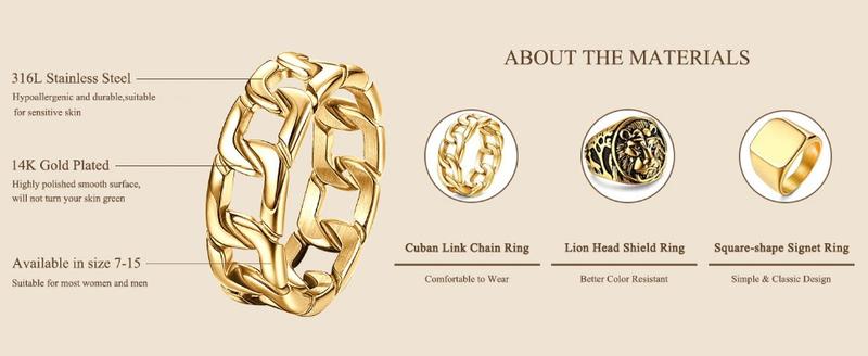 FUNRUN 3Pcs 14K Gold Plated Rings for Men Women Chunky Cuban Link Ring Size 7-15