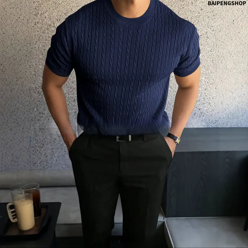 Men's Cable-Knit Sweater with Plain Round Neck and Slim Fit, Lightweight Stretchy Polyester for Everyday Streetwear, Menswear, Crew Neck