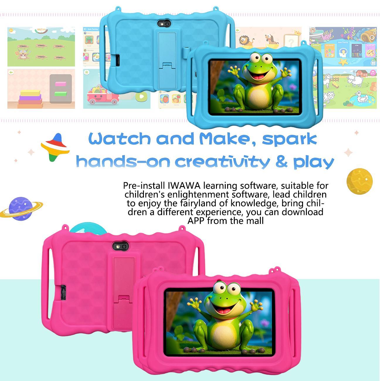 7 Inch Android Tablet, 1 Count Parental Control Learning Tablet with Shockproof Case, Dual Camera Tablet for Education, Best Gift, No Adapter