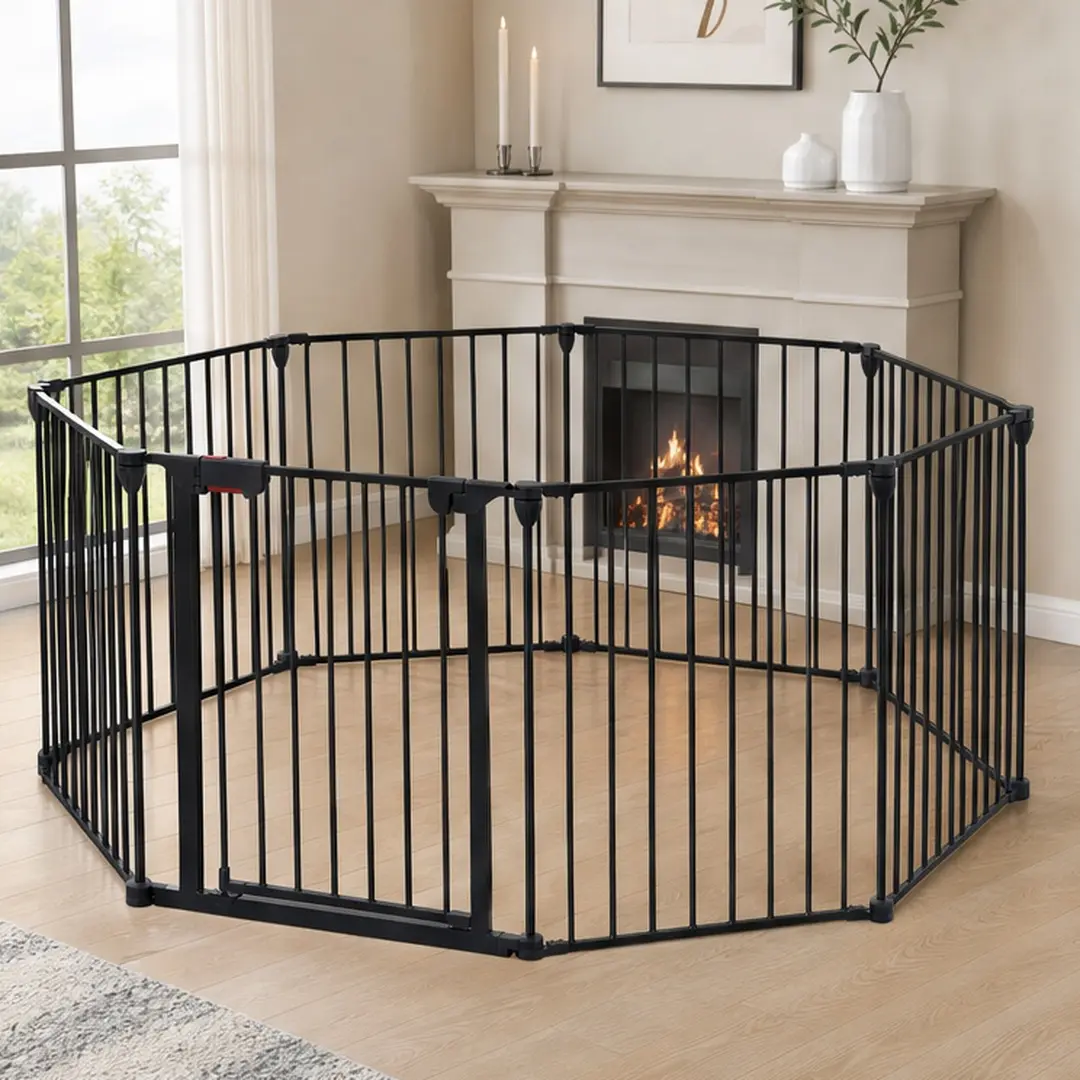 ARCH 200" Adjustable Safety Gate 8 Panel Play Yard Pet Enclosure with Walk Through Door, Black Steel Playpen for Dogs Cats Kids, Fireplace Fence, Stair Gate, Room Divider, Indoor Outdoor Use, Black Color Options, Steel Material, Product Dimensions: