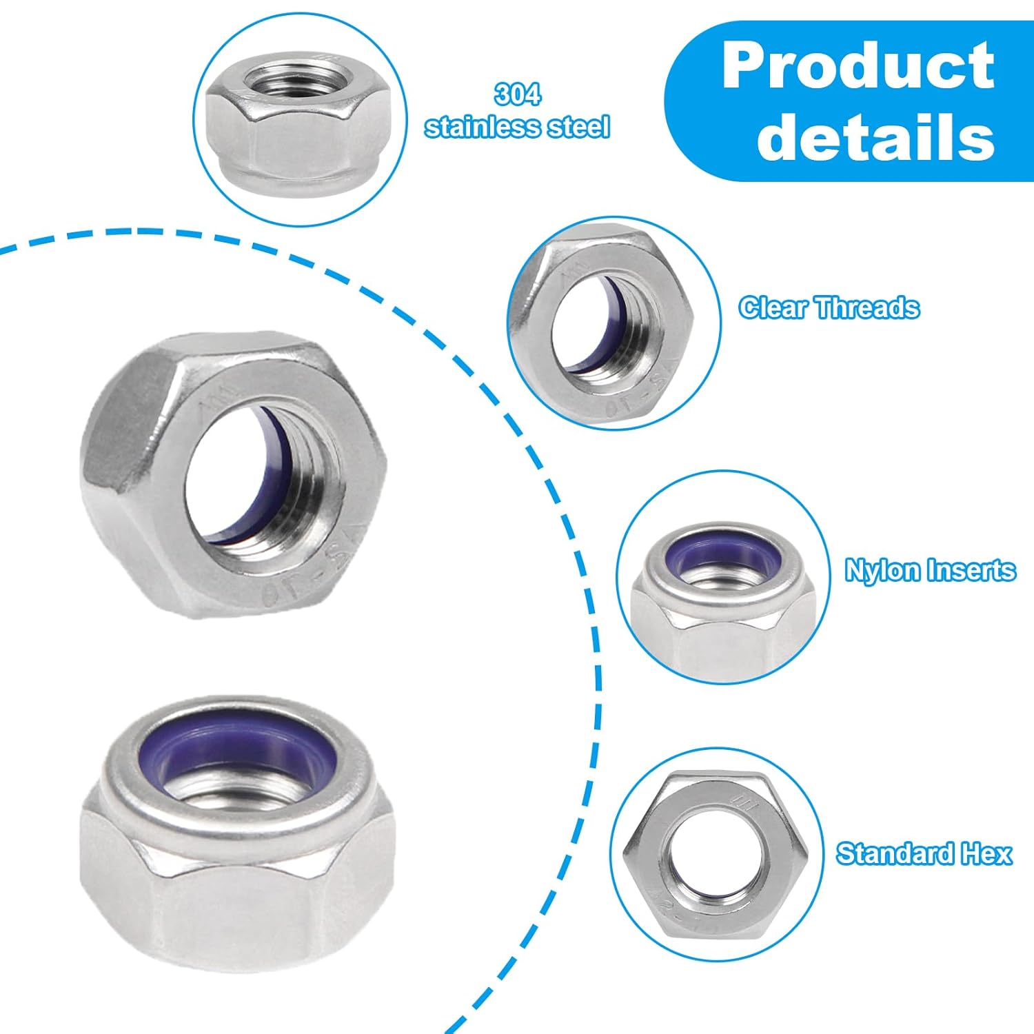 120 count M4 Locknuts M4x0.7mm Nylon Insert Hex Lock Nuts 304 Stainless Steel Metric Self-Locking Nylon Lock Nut for Industrial Construction Fasteners