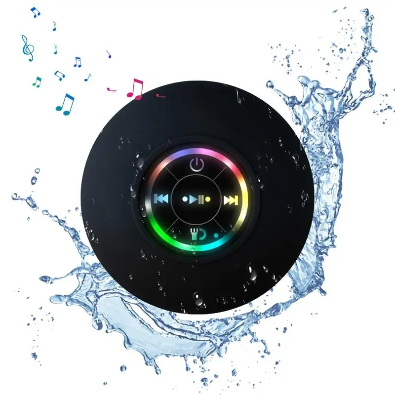 Waterproof portable suction speaker with LED light, rechargeable, Bluetooth compatible, suitable for home, bathroom, outdoor shower, black wireless speaker, hands-free calling