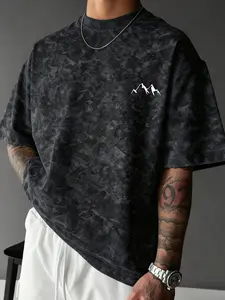 Y2K Vintage Tie-Dye Mountain Print T-Shirt, Loose-Fit Round Neck, Geometric Pattern, Casual Outdoor Wear, American Style, Daily Commute