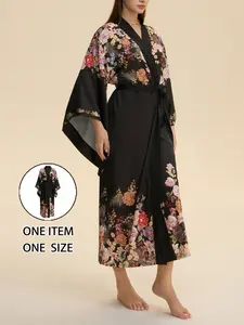 New Elegant Chic Satin Nightwear, Large Size Women's Spring Fall Printed Long Sleeve Robe, Fitted All over Print Home Wear