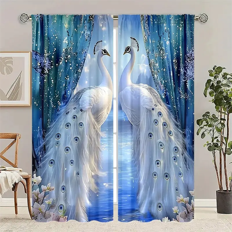 2 pieces of high-definition digital dreamy white peacock print decorative curtains, Peacock Pattern Curtains, semi-transparent, fade-resistant, machine washable and hand washable, suitable for bedroom and living room home decoration