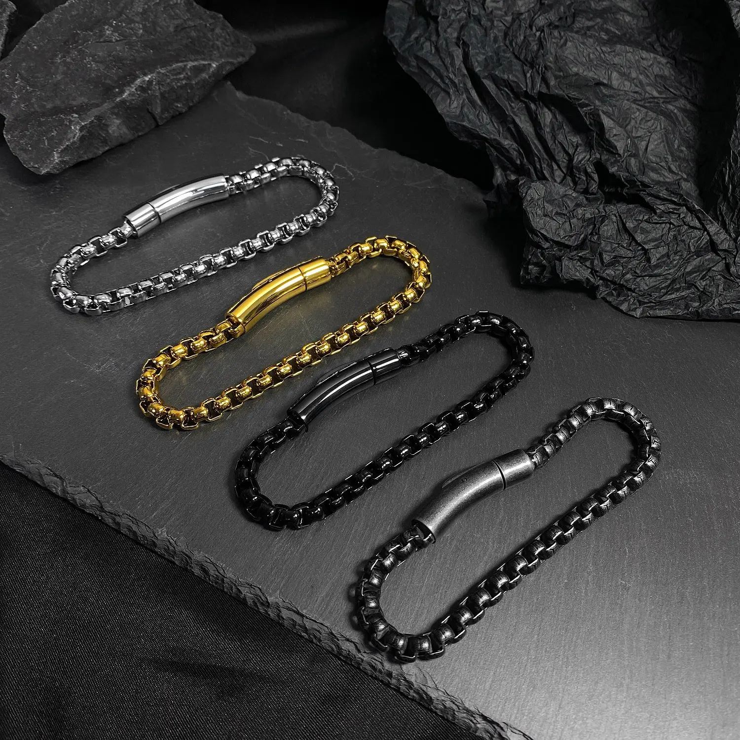 316L Stainless Steel Mens Bracelet Magnetic Clasp Franco Chain Bracelets Non Tarnish Minimalist Golden/Silvery/Black Chunky Chain Bracelet Fathers Day Gift for Dad, Husband, Boyfriend