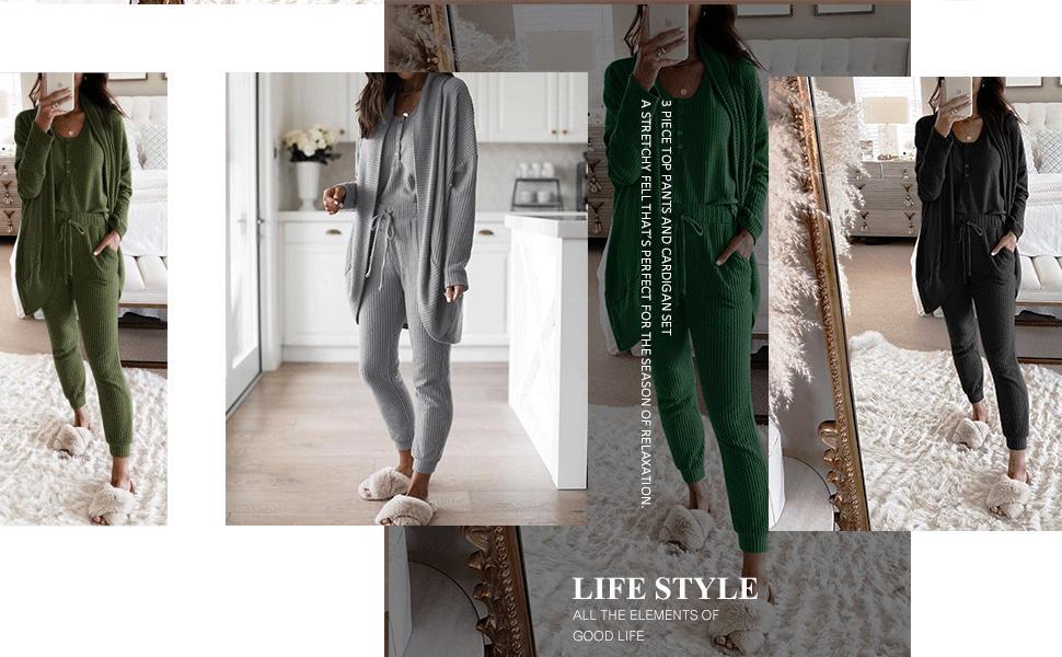 FMEYOA Womens Waffle Knit 3 Piece Lounge Sets Pajama Tank Top Long Sleeve Cardigan and Pants Loungewear Outfit