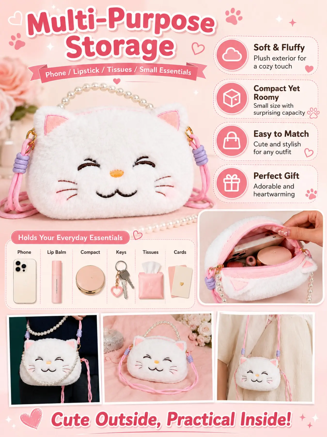 Cute Plush Cat Crossbody Bag, Soft Rabbit Fur Handbag with Pearl Handle, Adjustable Strap, Mini Shoulder Bag for Phone, Lipstick, Keys