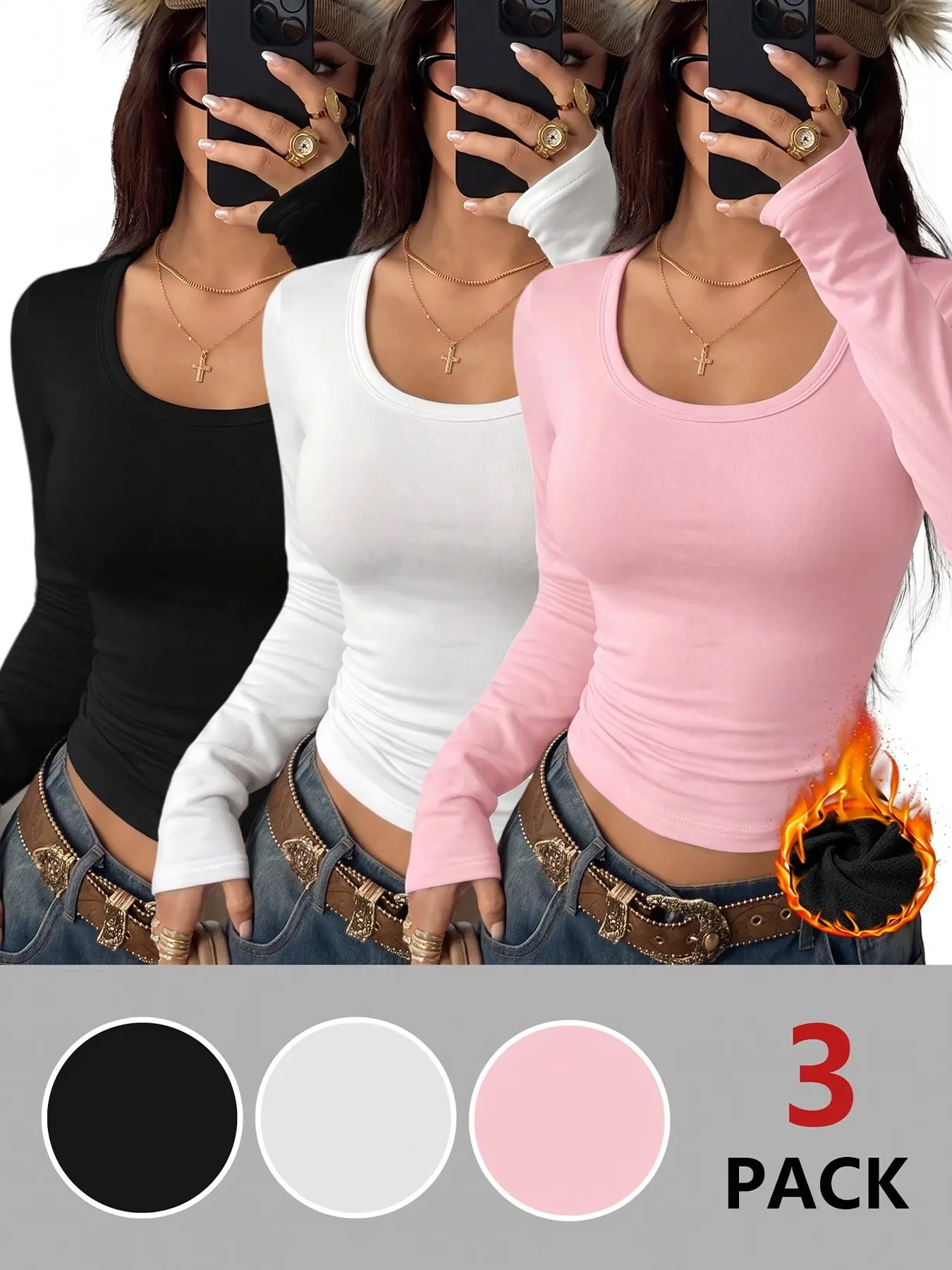 3 Pack Solid Black White Pink Classic U Neck Fleece Lined Slim Fit Cropped Long Sleeve Top Women, Soft Brushed Stretch Casual Minimal Y2K Daily Street Indoor Fall Winter Basic Layering Thermal Clothing #3packbasictop