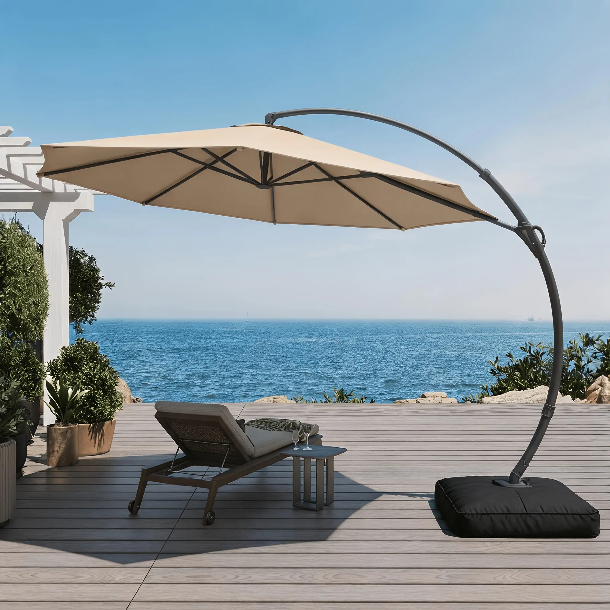 [Heavy Duty Offset Umbrella] KAMEROUT 11ft Outdoor Patio Umbrella with Base Included, Deluxe Curvy Cantilever Umbrella Heavy Duty Offset Hanging Umbrella with 360° Rotation for Market, Pool, Garden, Backyard, Deck