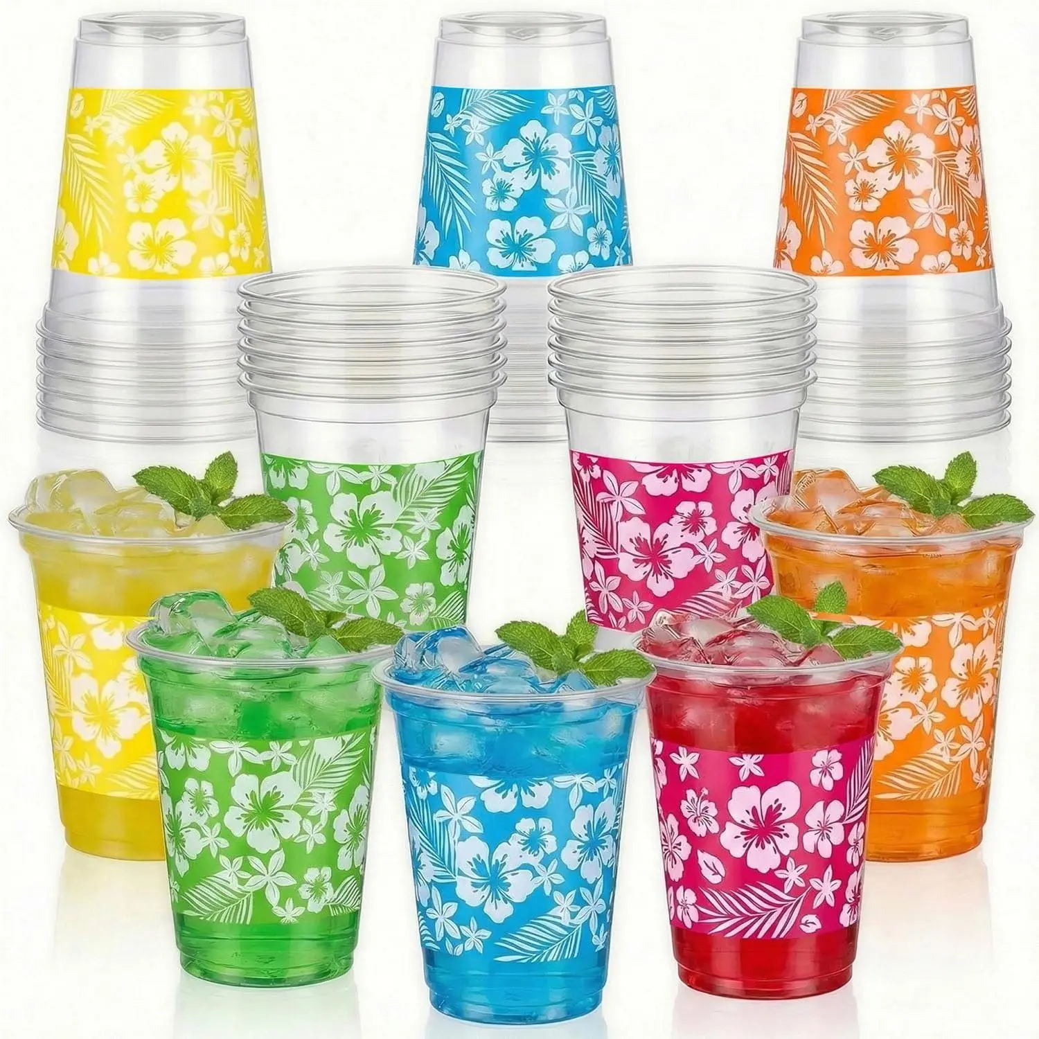 Hawaiian Floral Disposable Party Cups Set, 50 Pcs 12 oz PP Plastic Drinkware, for Hawaiian Parties, Kids and Adults Tropical Luau & Beach Celebrations