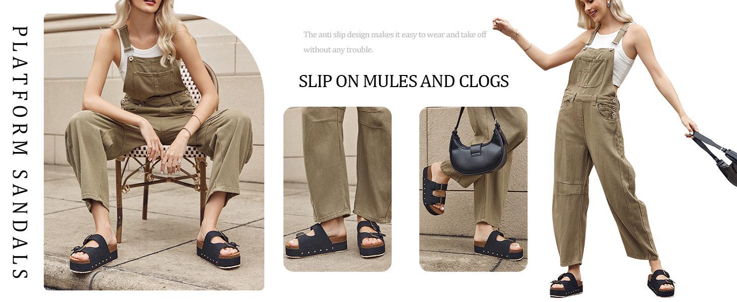 Fashare Women's Cork Platform Sandals Slip on Mules and Clogs Double Buckle Straps Summer Shoes