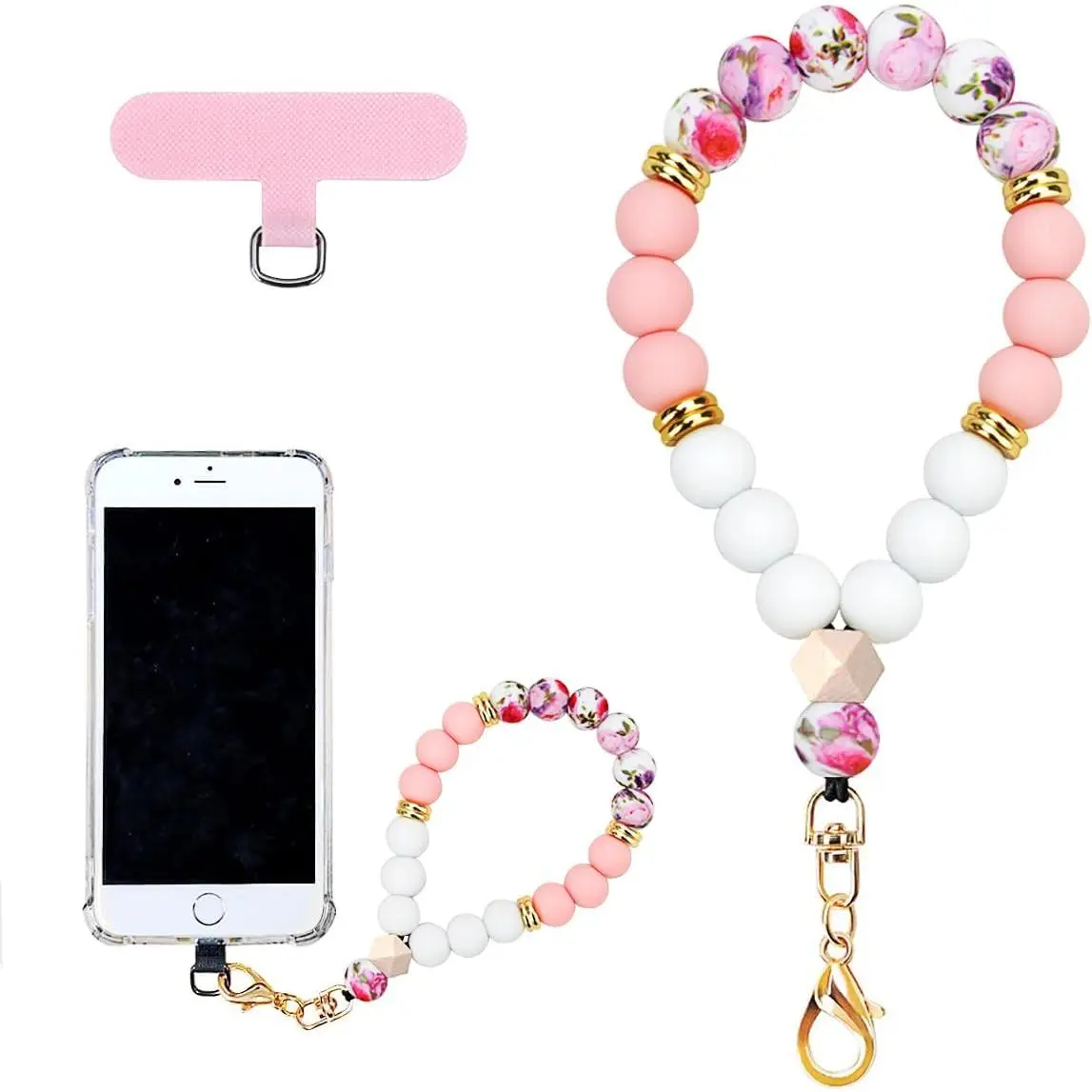 Marble  Beaded Phone Wrist Strap, Cellphone Lanyard with Tether Tab, Elastic Hands-Free Wristlet Bracelet