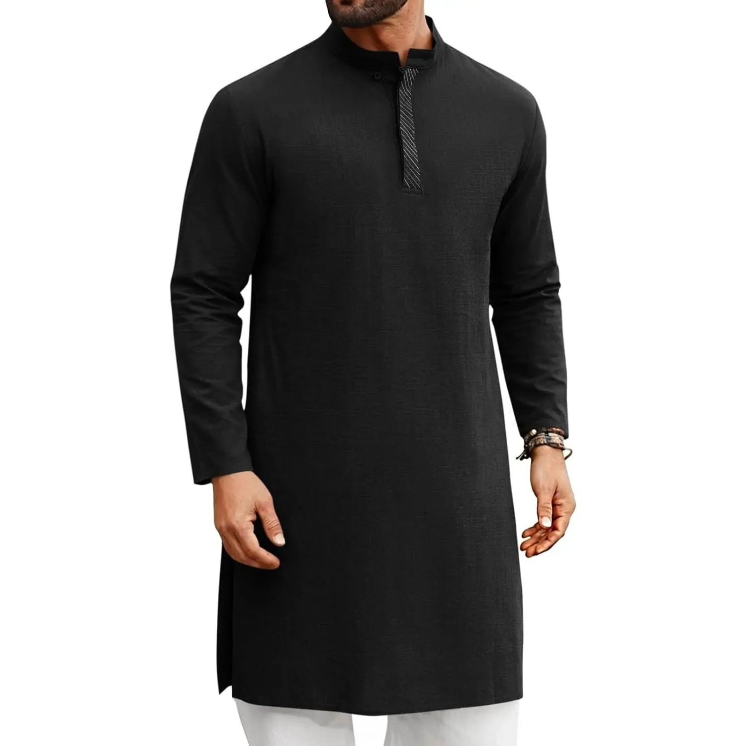 Runcati Trending Men's Solid Pattern Kaftan Shirt - Long-Sleeve Cotton-Linen Henley Kurta, Button-Down Muslim Loungewear Gown Robe, Casual